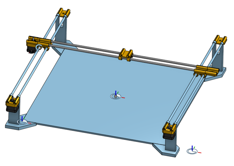 Onshape render of the chess robot’s gantry frame over the chessboard.